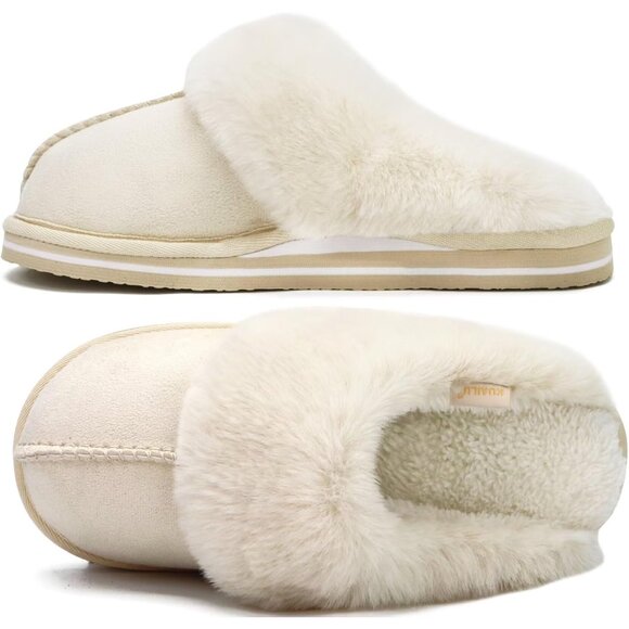 ⚡Women Cream Suede Fluff Dual Memory Foam Arch Support Warm Scuff Slipper - Picture 1 of 6